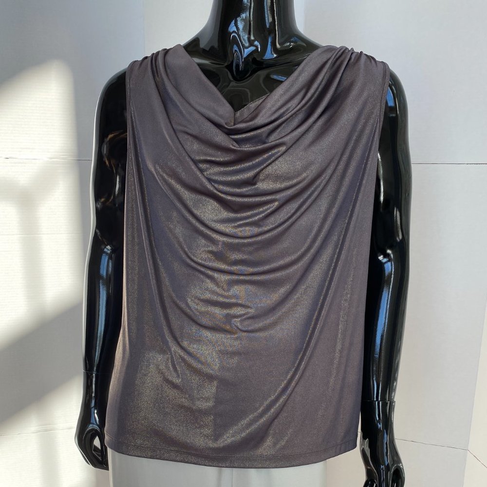 Calvin Klein Bronze Pewter Taupe Shiny Cowl Neck Sleeveless Shell Top Sz 2X